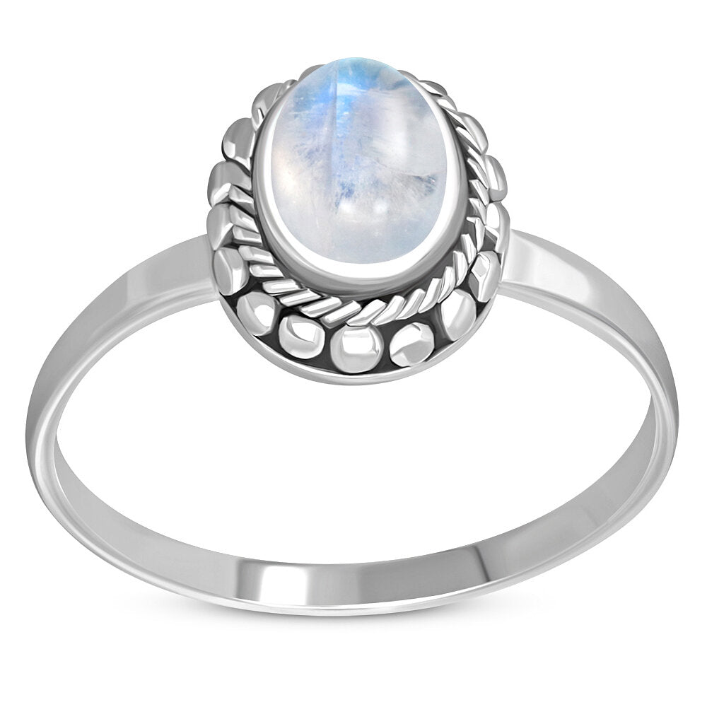 Contemporary Stone Ring- Oval Vintage Border with Moonstone