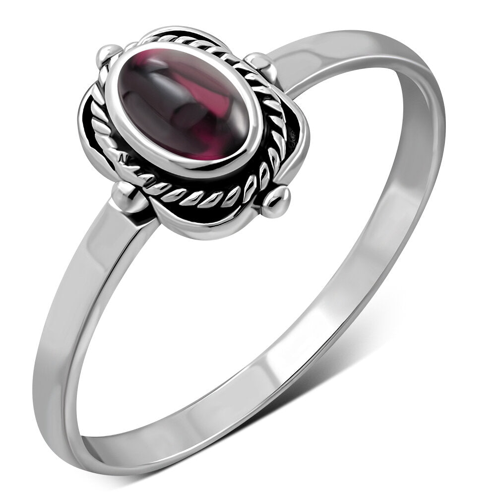 Contemporary Stone Ring- Four Point Vintage frame with Red Garnet