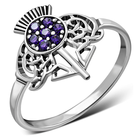 Scottish Thistle Ring - Jewelled Crown with Celtic Knot Leaves