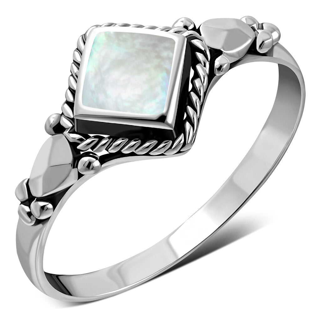 Contemporary Stone Ring- Vintage Diamond Shoulder with Mother of Pearl