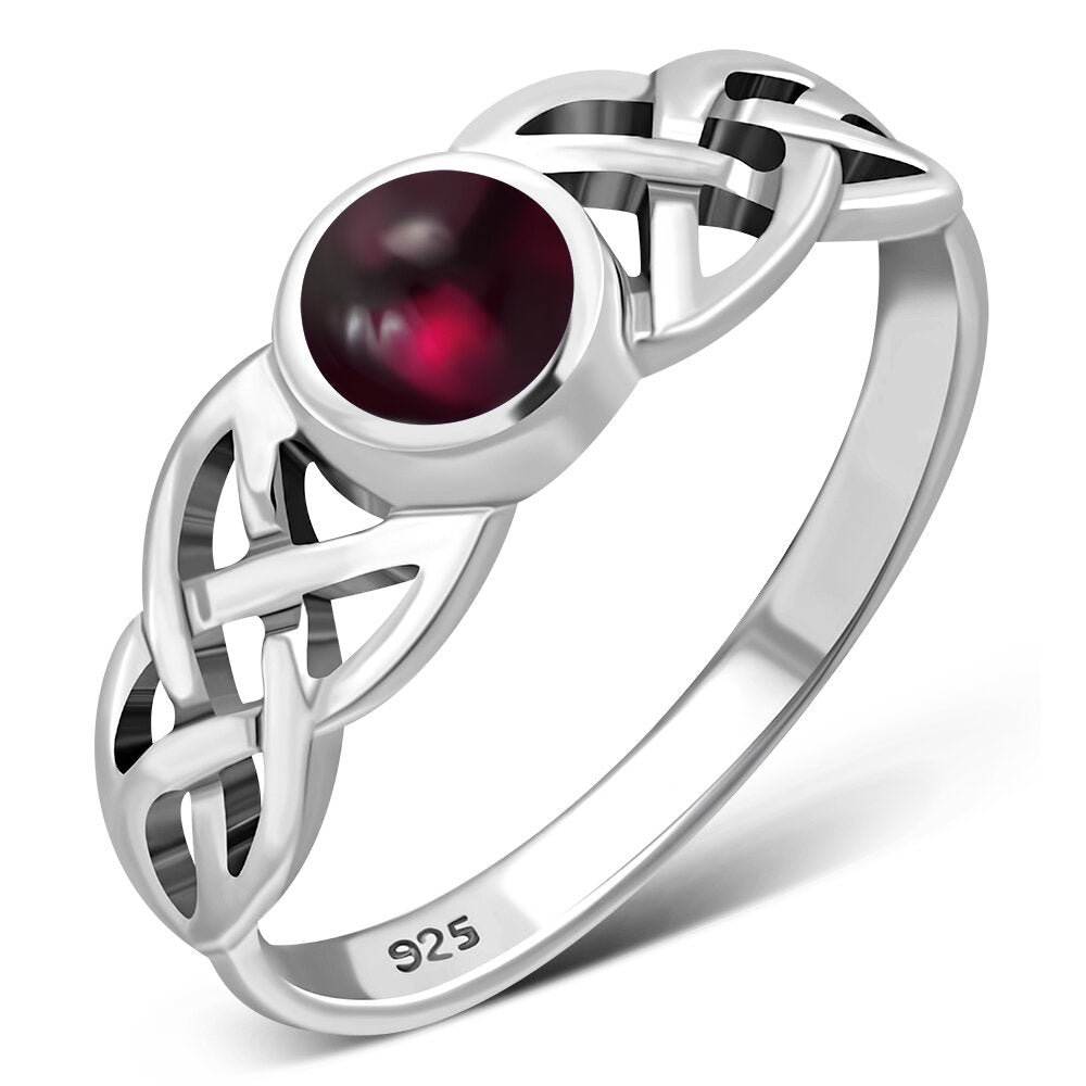 Celtic Stone Ring- Tapered Celtic Knot with Red Garnet