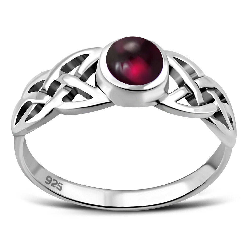 Celtic Stone Ring- Tapered Celtic Knot with Red Garnet