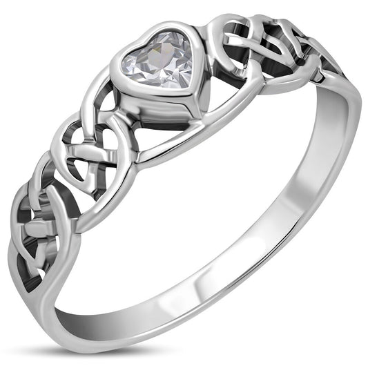 Celtic Stone Ring- Heart with Kells Knot with Clear Zircon