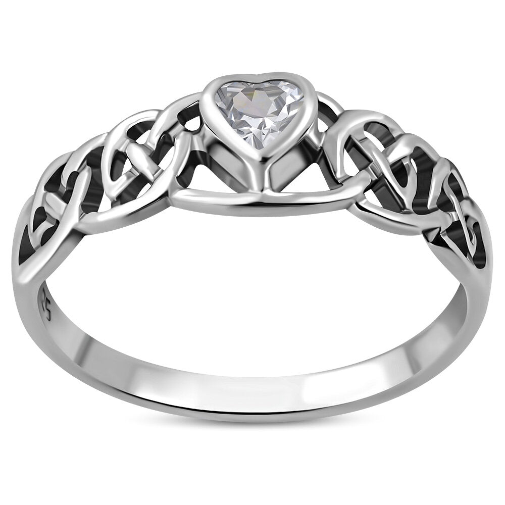 Celtic Stone Ring- Heart with Kells Knot with Clear Zircon