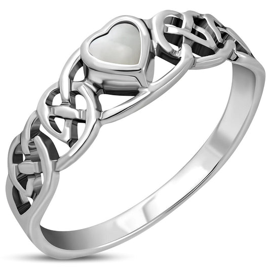 Celtic Stone Ring - Heart with Kells Knot with Mother Of Pearl