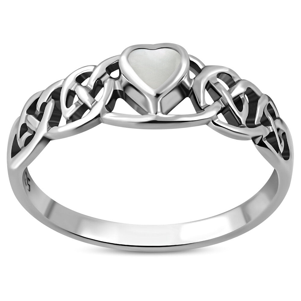 Celtic Stone Ring - Heart with Kells Knot with Mother Of Pearl