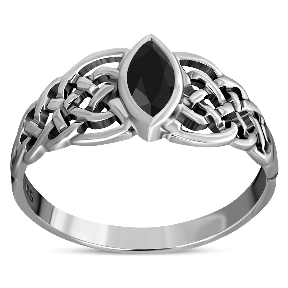 Celtic Stone Ring- Intricate Knot with Marquee Stone with Black Onyx
