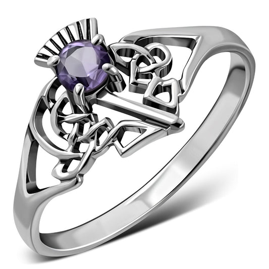 Scottish Thistle Ring - Celtic Leaves with Cut Amethyst
