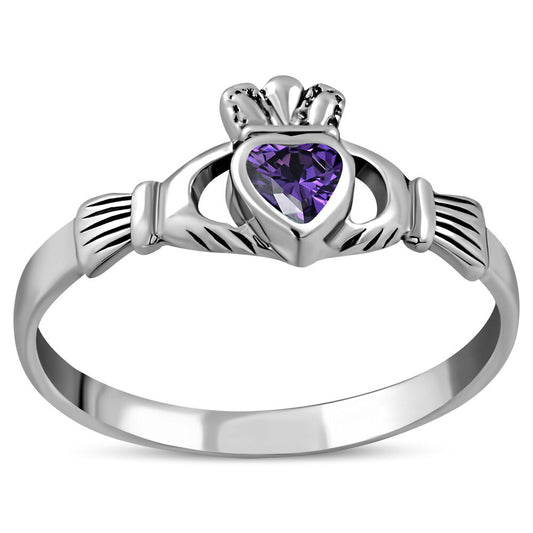 Claddagh Ring - Dainty Royal Crown with Violet Zircon