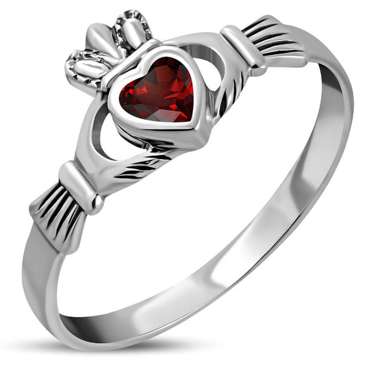 Claddagh Ring - Dainty Royal Crown with Red Zircon