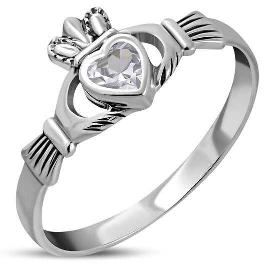 Claddagh Ring - Dainty Royal Crown with Clear Zircon