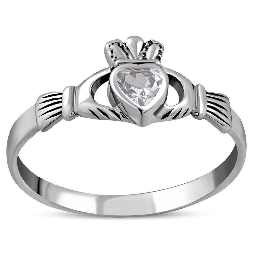 Claddagh Ring - Dainty Royal Crown with Clear Zircon