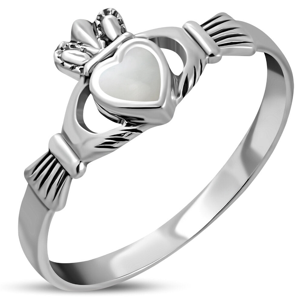 Claddagh Ring Dainty Royal Crown with Mother of Pearl