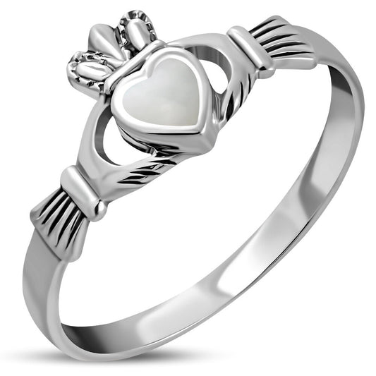 Claddagh Ring- Dainty Royal Crown with Mother of Pearl