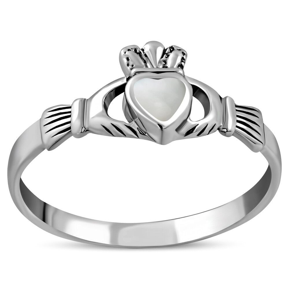 Claddagh Ring- Dainty Royal Crown with Mother of Pearl