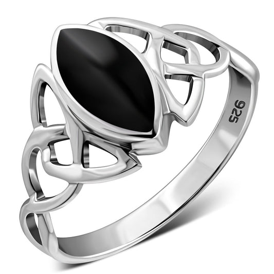 Celtic Stone Ring- Marquee Triquetra with Black Onyx (Medium)