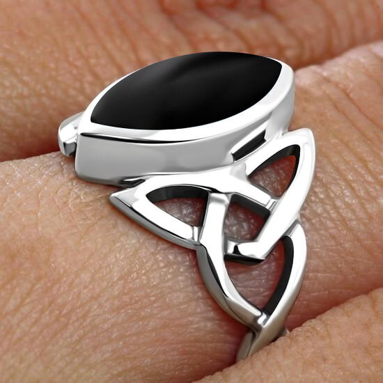 Celtic Stone Ring- Marquee Triquetra with Black Onyx (Medium)