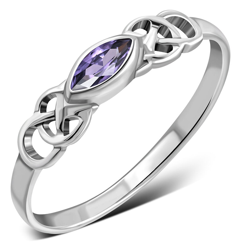 Celtic Stone Ring- Long Marquise with Celtic Knot Shoulder with Violet Zircon