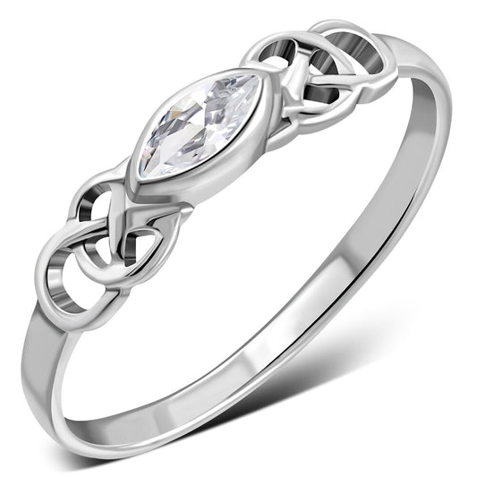 Celtic Stone Ring- Long Marquise with Celtic Knot Shoulder with Clear Zircon