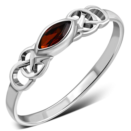 Celtic Stone Ring- Long Marquise with Celtic Knot Shoulder with Red Zircon