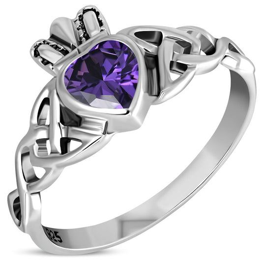 Claddagh Ring - Trinity Knot with Royal Crown with Violet Zircon