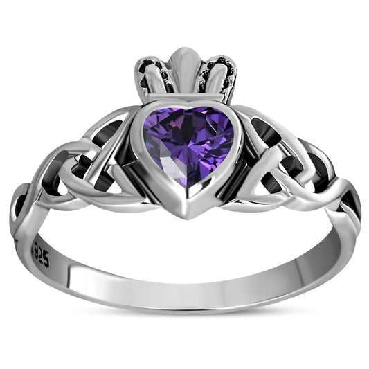Claddagh Ring - Trinity Knot with Royal Crown with Violet Zircon