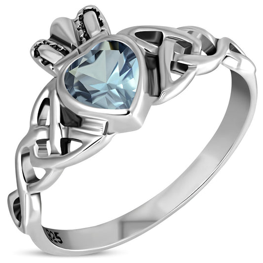 Claddagh Ring - Trinity Knot with Royal Crown with Blue Zircon