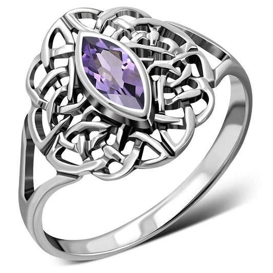 Celtic Stone Ring- Dara Knot with Marquee Violet Zircon