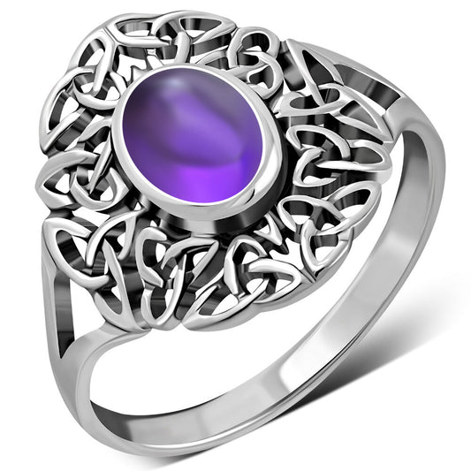 Celtic Stone Ring- Trinity Flow Border with Amethyst