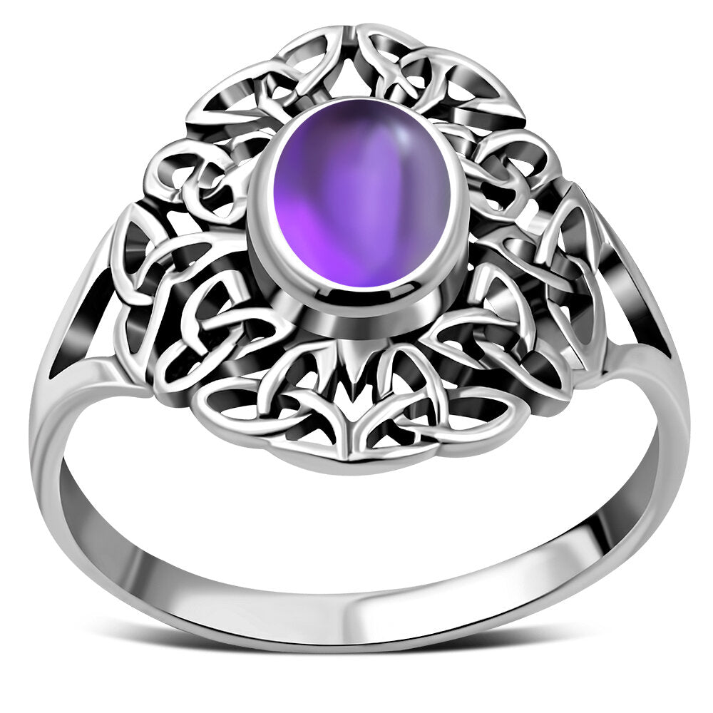 Celtic Stone Ring- Trinity Flow Border with Amethyst