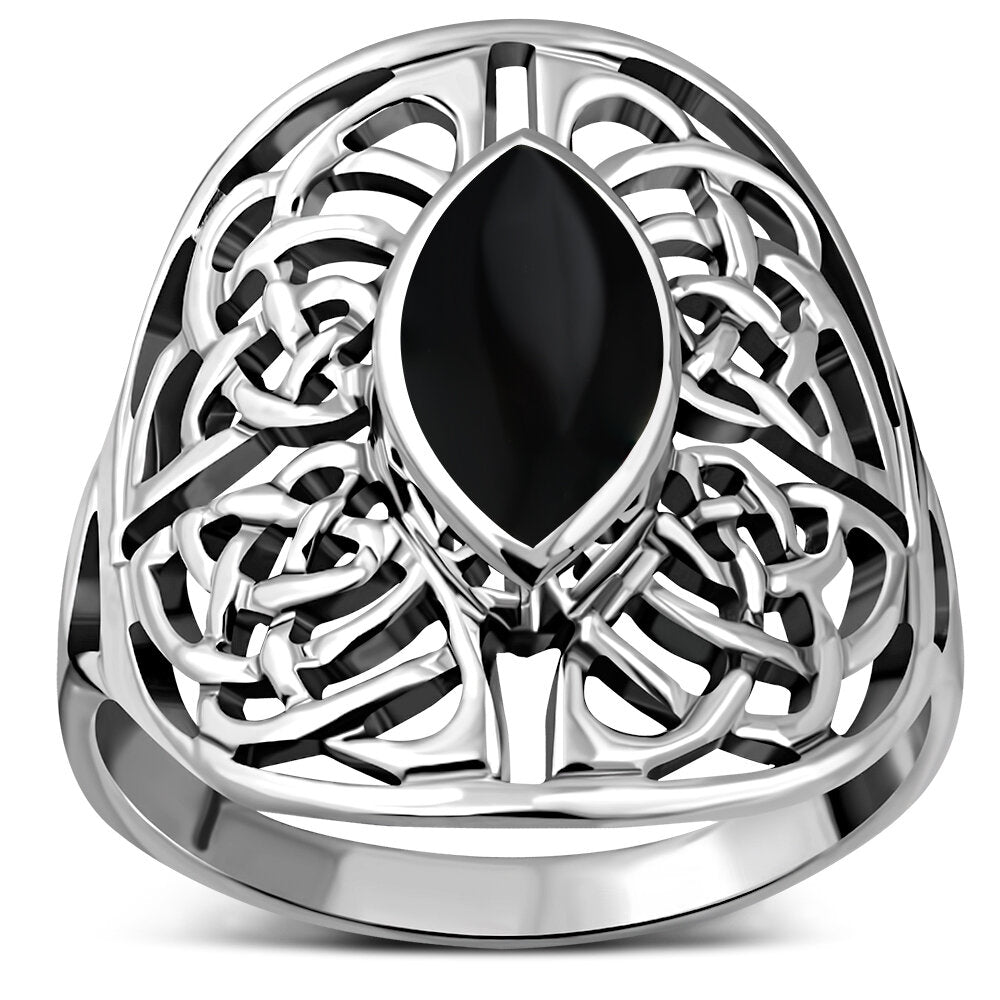 Celtic Stone Ring- Shield of Four Directions with Marquee Black Onyx