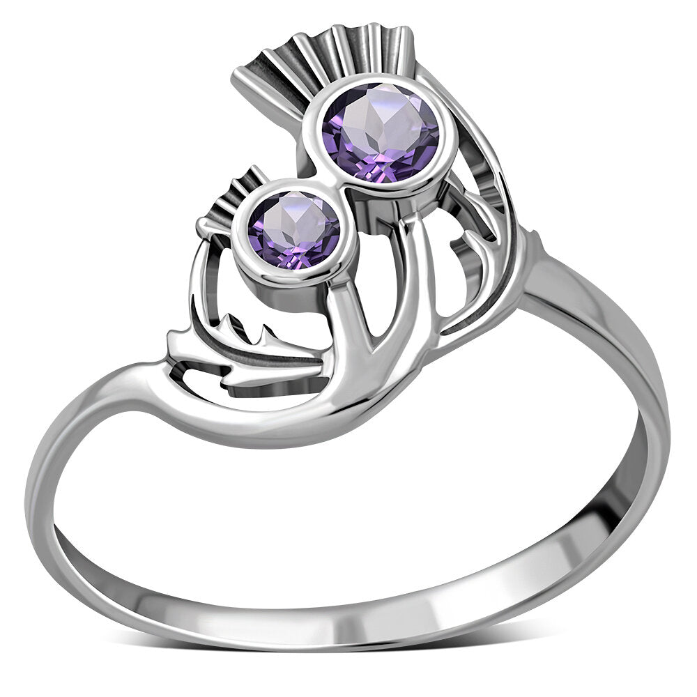 Scottish Thistle Ring - Double Flower with Cut Amethyst