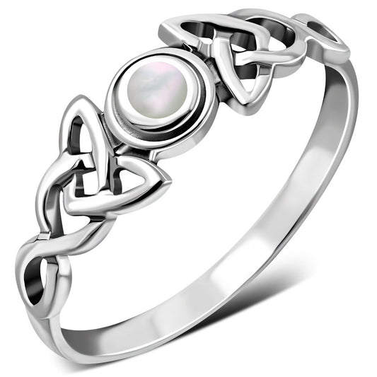 Celtic Stone Ring- Triquetra Wrap with Mother of Pearl