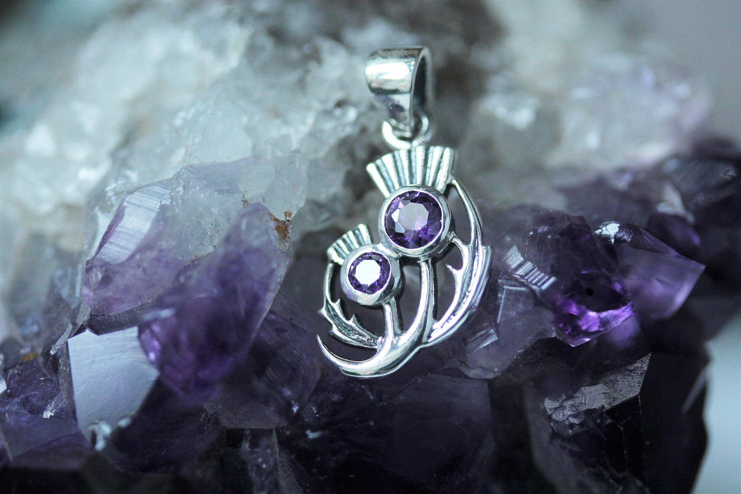 Scottish Thistle Pendant Cut Amethyst - Half Moon Leaves