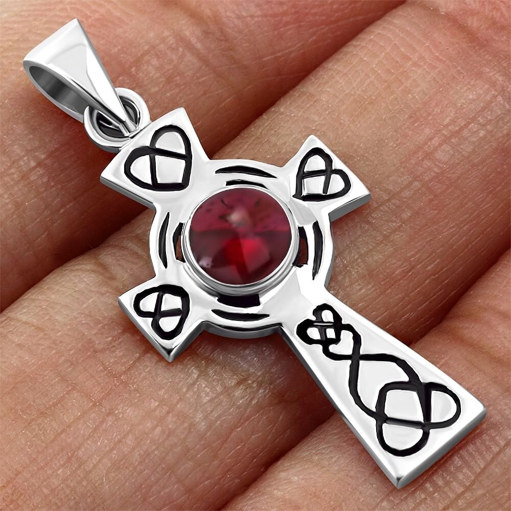 Celtic Cross Pendant - Looped Heart with Red Garnet