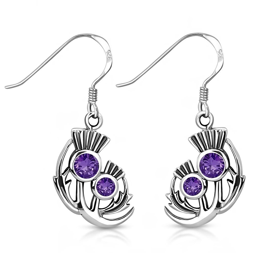 Scottish Thistle Earrings - Half Moon Leaves with Cut Amethyst